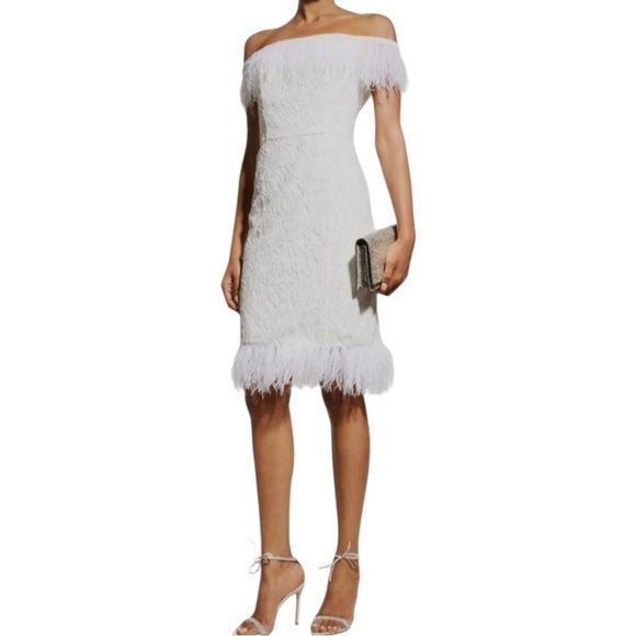 Off-Shoulder Feather-Trim Lace Dress, Aidan Mattox Women White NWT Size 2 - Picture 1 of 10